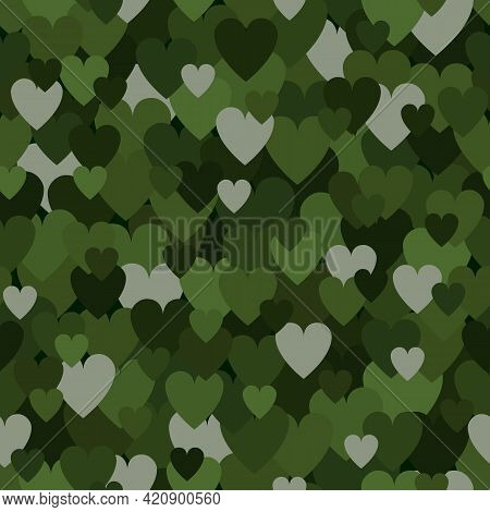 Military Seamless Pattern With Forest Green Heart Spots. Camouflage Background