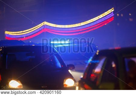 Police Car At Night Traffic With Fog And Russian Flag White-blue-red Colors Garland