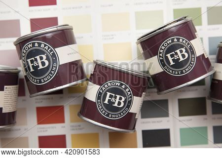 London, Uk - May 2021: Farrow And Ball Luxury Paint Brand Sample Pots