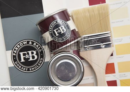 London, Uk - May 2021: Farrow And Ball Luxury Paint Brand Sample Pots