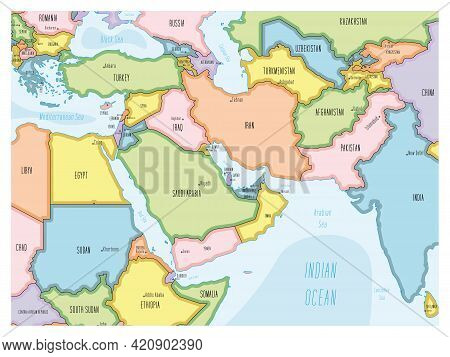Political Map Of Middle East. Colorful Hand-drawn Cartoon Style Illustrated Map With Bathymetry. Han