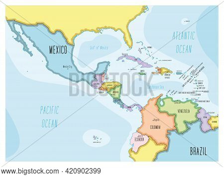 Political Map Of Central America And Caribbean. Colorful Hand-drawn Cartoon Style Illustrated Map Wi