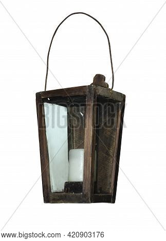 Ancient Hanging Candle Lamp Isolated Over White Background. Antique Wooden Lamp With A Candle Hangin