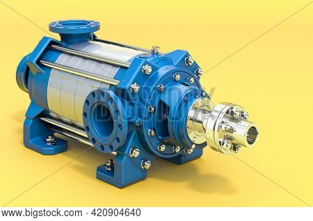 Horizontal Multistage Centrifugal Pump, 3d Rendering On Yellow Background