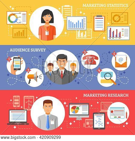Banner From Three Color Parts Reflecting Marketing Methods Isolated Vector Illustration