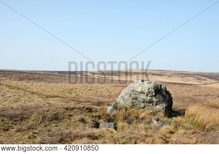 Pennine Landscape With Large Old Boulder Or Standing Stone On Midgley Moor In West Yorkshire