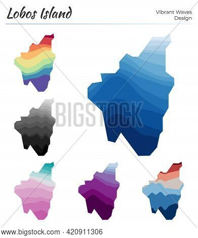 Set Of Vector Maps Of Lobos Island. Vibrant Waves Design. Bright Map Of Island In Geometric Smooth C