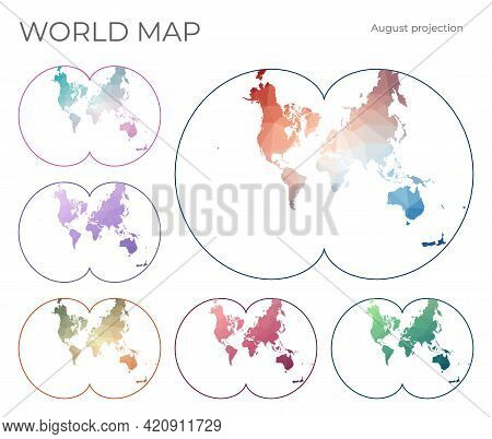 Low Poly World Map Set. August's Epicycloidal Conformal Projection. Collection Of The World Maps In