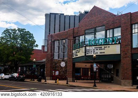 NORWALK, CT, USA - MAY 13, 2021: SONO  Regent  cinema building facade view from street