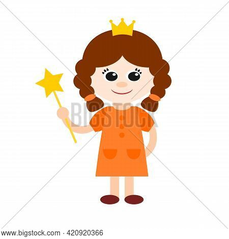 Little Girl Princess With Magic Wand. Fairy Tale Character. Isolated. White Background.