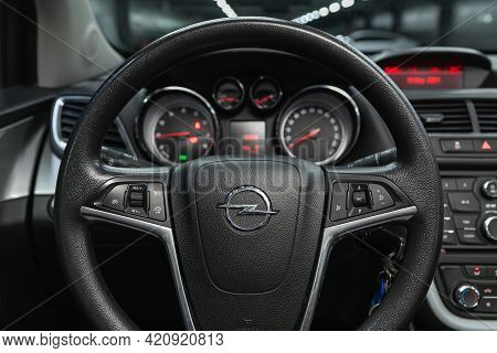 Novosibirsk, Russia - May 16, 2021: Opel Mokka, Interior Of New Modern Suv Car With Automatic Transm