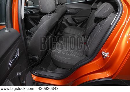 Novosibirsk, Russia - May 16, 2021: Opel Mokka,  Interior Design, Car Passenger  With Seats Belt.
