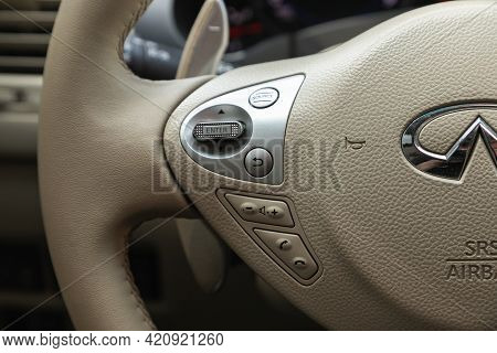Novosibirsk, Russia - May 16, 2021: Infiniti Qx, Vehicle Interior Of A Modern Car With Voice Control