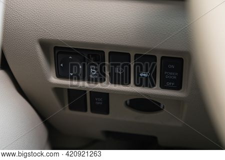 Novosibirsk, Russia - May 16, 2021: Infiniti Qx, Close Up Shot Of Car Side Mirror, Open Trunk Contro