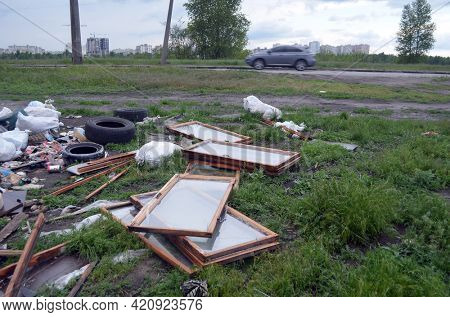 Spring landscape.Ecology of Ukraine. Nature near Ukrainian capital. Environmental contamination. Illegal junk dump.May 18,2021. Kiev , Ukraine