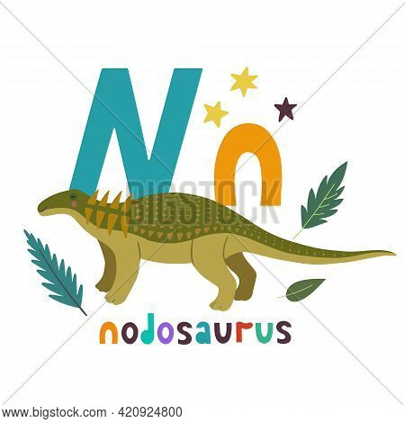 Nodosaurus. Cute Cartoon Hand Drawn Illustration With Dinosaur And Q Letter.