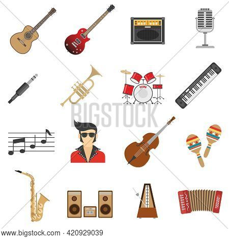 Music Icons Flat Set With Instruments And Singer Isolated Vector Illustration