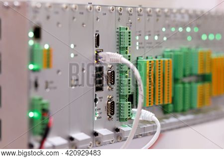 Industrial Plc Based Modular Controller System In A Rack. Selective Focus.