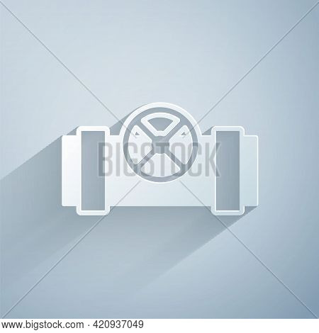 Paper Cut Industry Metallic Pipes And Valve Icon Isolated On Grey Background. Paper Art Style. Vecto