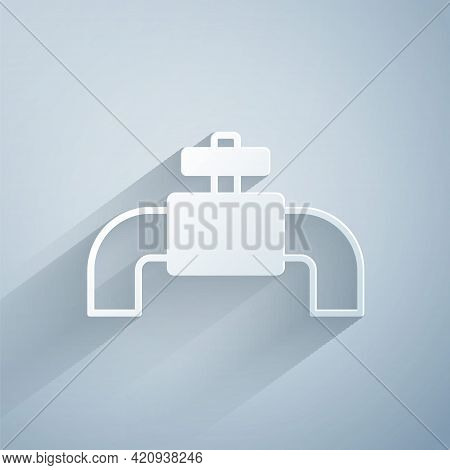 Paper Cut Industry Metallic Pipes And Valve Icon Isolated On Grey Background. Paper Art Style. Vecto