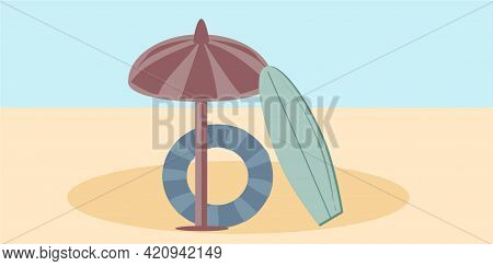 Beach Set For Relaxation, Umbrella, Surfboard, Lifebuoy