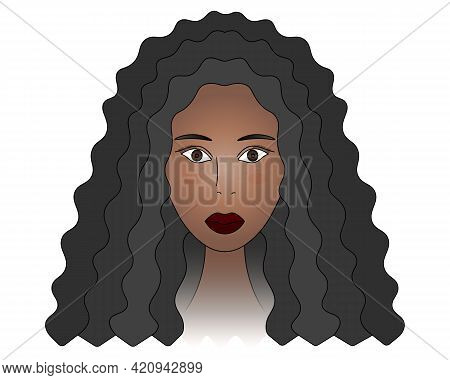 African American Girl. Head Of A Lady With Brown Eyes. Colored Vector Illustration. Woman Face With 