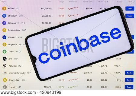 Kazan, Russia - May 18, 2021: Coinbase, Is An American Company That Operates A Cryptocurrency Exchan
