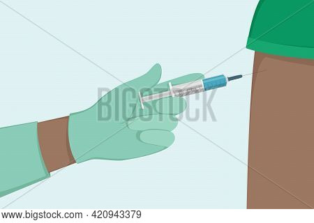 African Doctor Administer Vaccine. Cartoon Style. Vector Illustration.