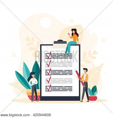 Attendance Concept. Check List With Done Mard, Businessman With Questionnaire On Clipboard. Flat Vec