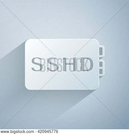 Paper Cut Sshd Card Icon Isolated On Grey Background. Solid State Drive Sign. Storage Disk Symbol. P