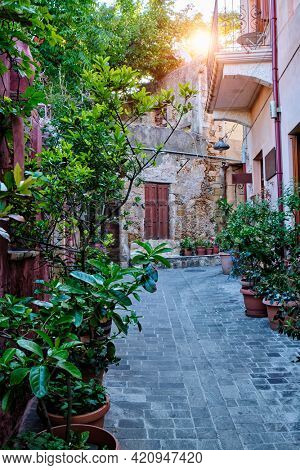 Scenic picturesque streets of Chania venetian town with coloful old houses. Chania greek village in the morning. Chanica, Crete island, Greece