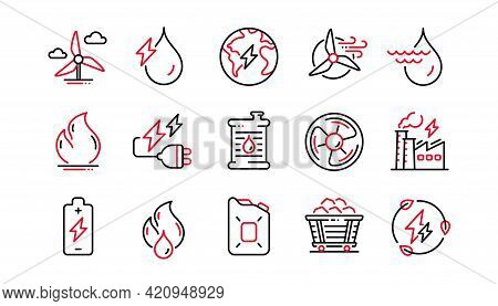 Energy Types Line Icons. Coal Trolley And Hydroelectric Power Icons. Sustainable Electricity, Batter