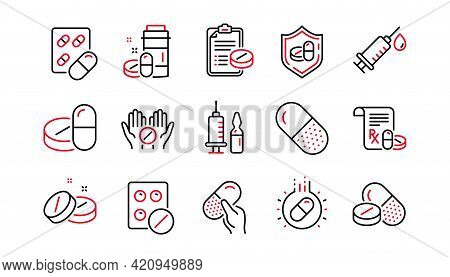 Medical Drugs Line Icons. Healthcare, Prescription And Pill Signs. Pharmacy Drugs, Recipe Pill Icons
