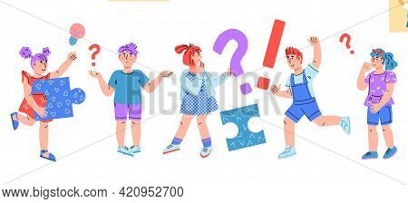 School Children Have Questions, Asking And Thinking To Solve A Task, Vector.
