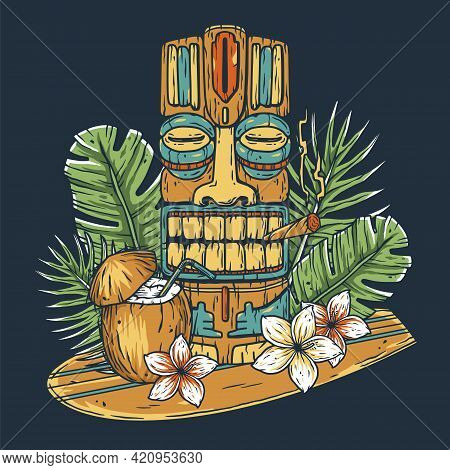 Surfing Hawaii Cocktail And Tiki Mask On Surf Bord For T-shirt Print. Tropical Surfbord And Drink Co