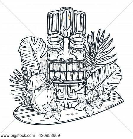 Surfing Hawaii Cocktail And Tiki Mask On Surf Bord For T-shirt Print. Tropical Surfbord And Drink Co