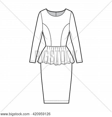 Dress Peplum Technical Fashion Illustration With Long Sleeves, Fitted Body, Knee Length Sheath Skirt