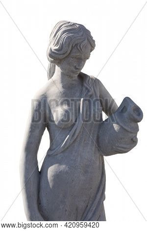 Stone sculpture of woman looking down holding vase on white background. art and classical style romantic figurative stone sculpture.