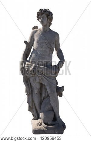 Stone sculpture of male hunter with dog on white background. art and classical style romantic figurative stone sculpture.