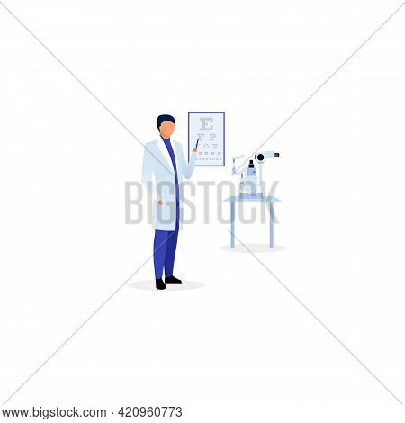 Doctor With Eyesight Chart Flat Vector Illustration. Ophthalmologist Checking Visual Acuity. Therapi