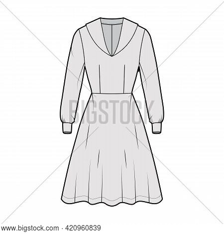 Dress Sailor Technical Fashion Illustration With Middy Collar, Long Sleeve With Cuff, Fitted Body, K
