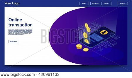 Online Transaction Webpage Vector Template With Isometric Illustration. Website Interface Design. E-