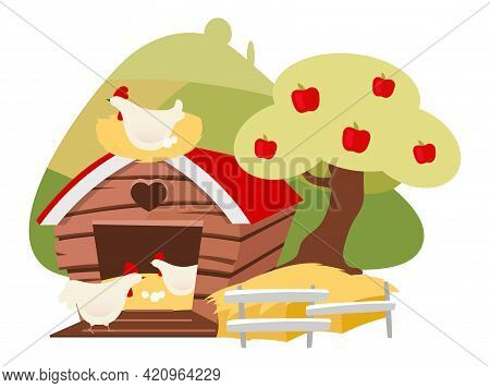 Poultry Farming Flat Vector Illustration. Chicken Farm Produce Cartoon Concept Isolated On White Bac