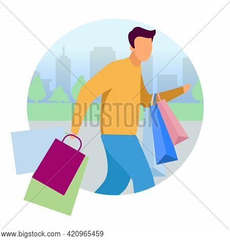 Man Doing Shopping Flat Concept Vector Icon. Guy Hurry Up With Purchases Bags Sticker, Clipart. Shop