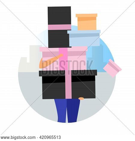 Shopping Day Flat Concept Icon. Woman Holding Pile Of Gift Boxes, Presents And Purchases Sticker, Cl