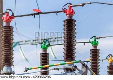 High Voltage Power Transformer In Substation.general View To High-voltage Substation With Switches.
