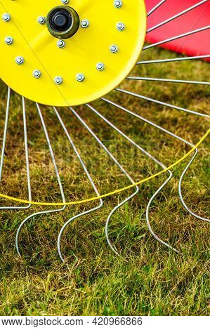 Tractor With Rotary Wheel Hay Rake, Agriculture Machine, Detail View