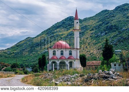 Rec, Albania - August 8, 2020: View Of Xhamia Mosque Building In A Small Mountain Village.