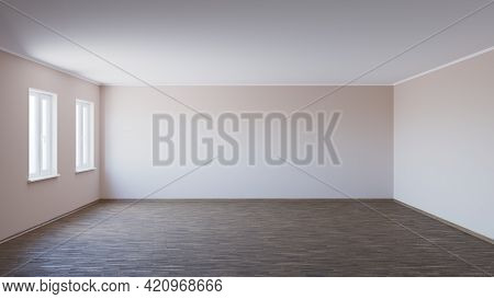 Empty Interior With Parquet Floor, Two Plastic Windows, Beige Walls And Wooden Plinth, 3d Render