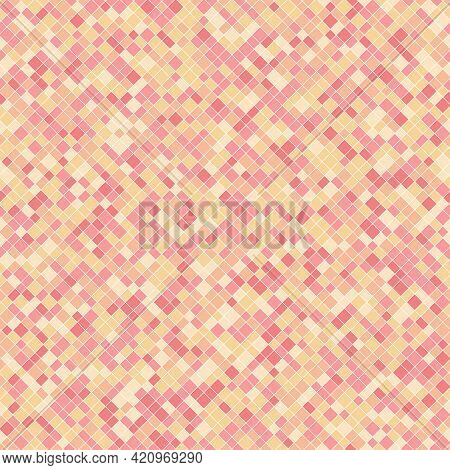 Vector Pixel Background Texture. Abstract Seamless Pattern With Small Pink And Yellow Squares, Diamo